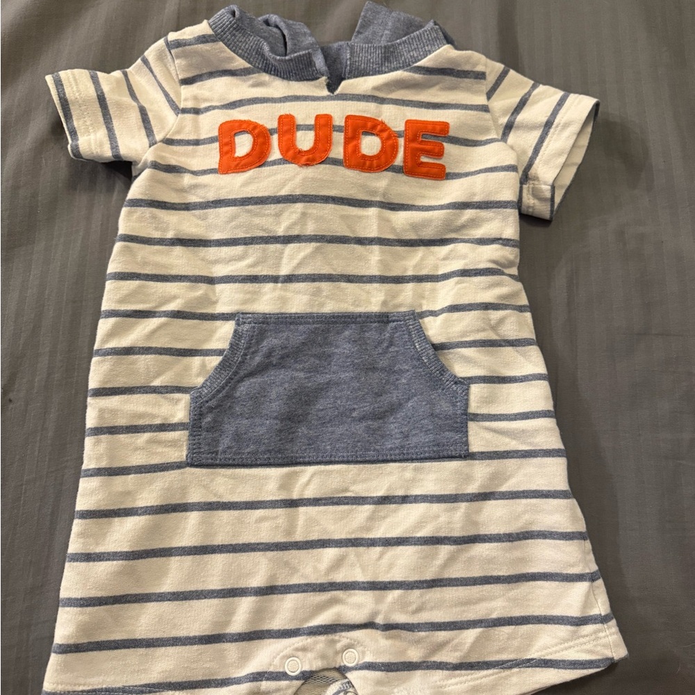 Carter's Cream and Gray Striped Bodysuit with Orange 'DUDE' Print